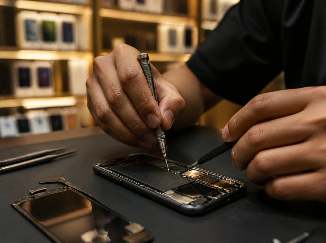 Técnico abriendo un celular para repararlo